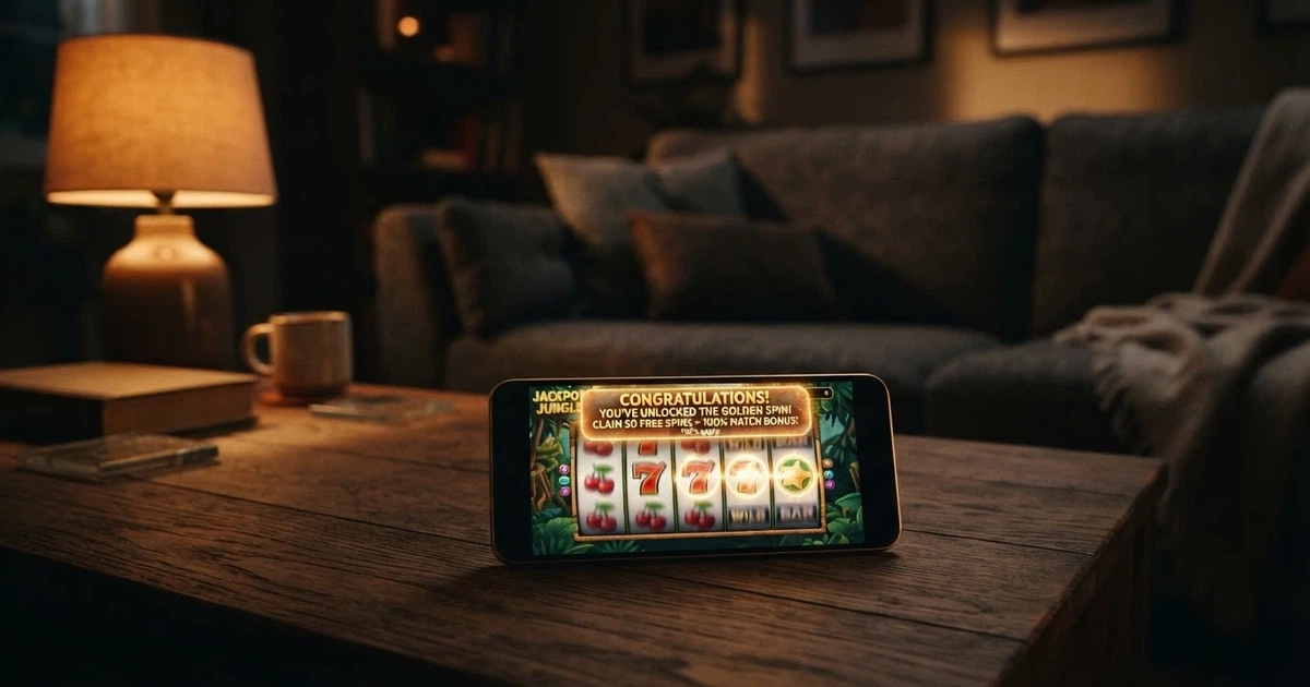 A row of online pokie reels on a smartphone screen, with a bonus-offer pop-up superimposed, set against a dim home-living-room background.
