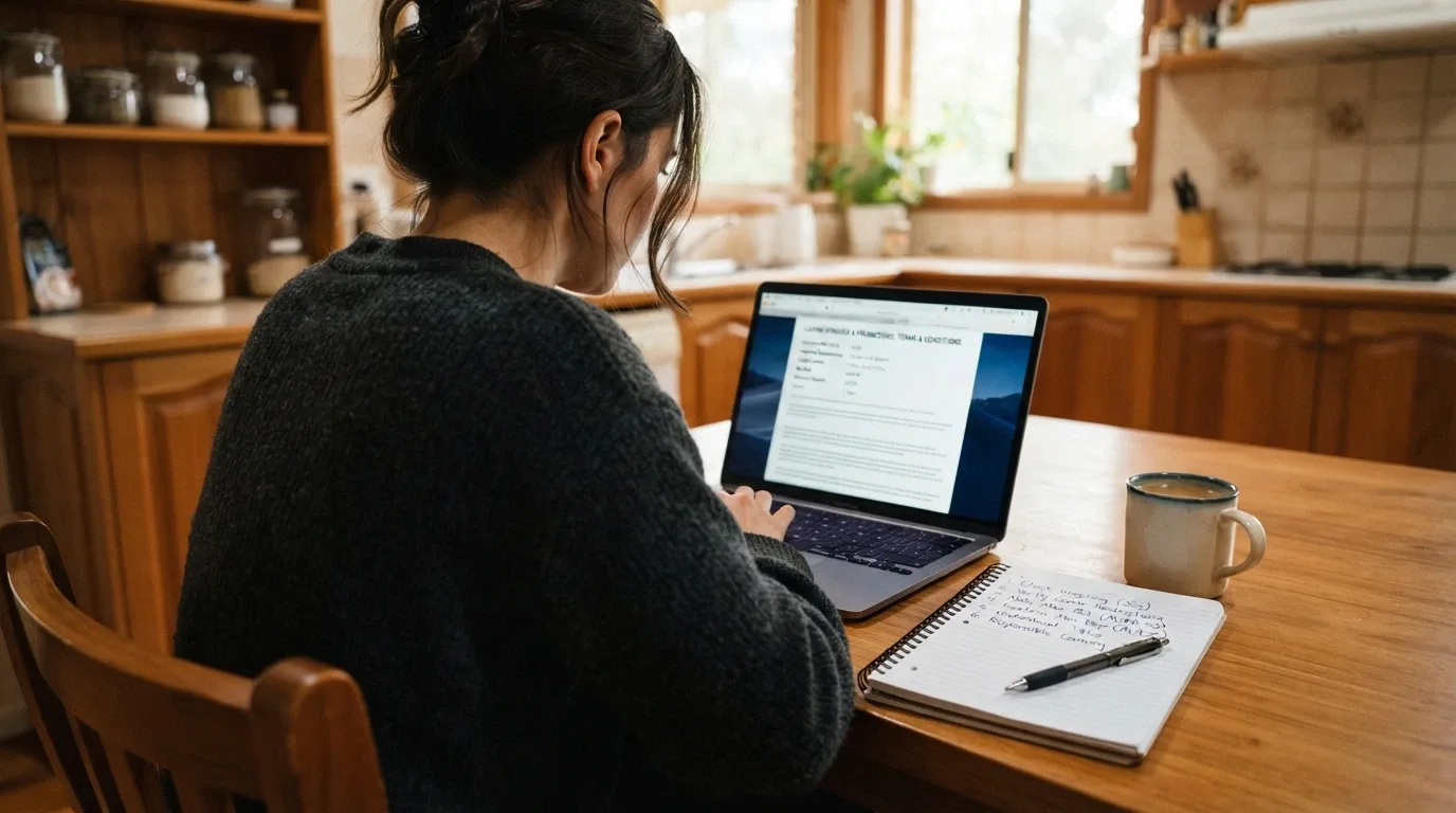A person sitting at a kitchen table with a laptop open to a casino terms page and a notepad with a handwritten checklist of the five verification fields, a cup of coffee beside them.