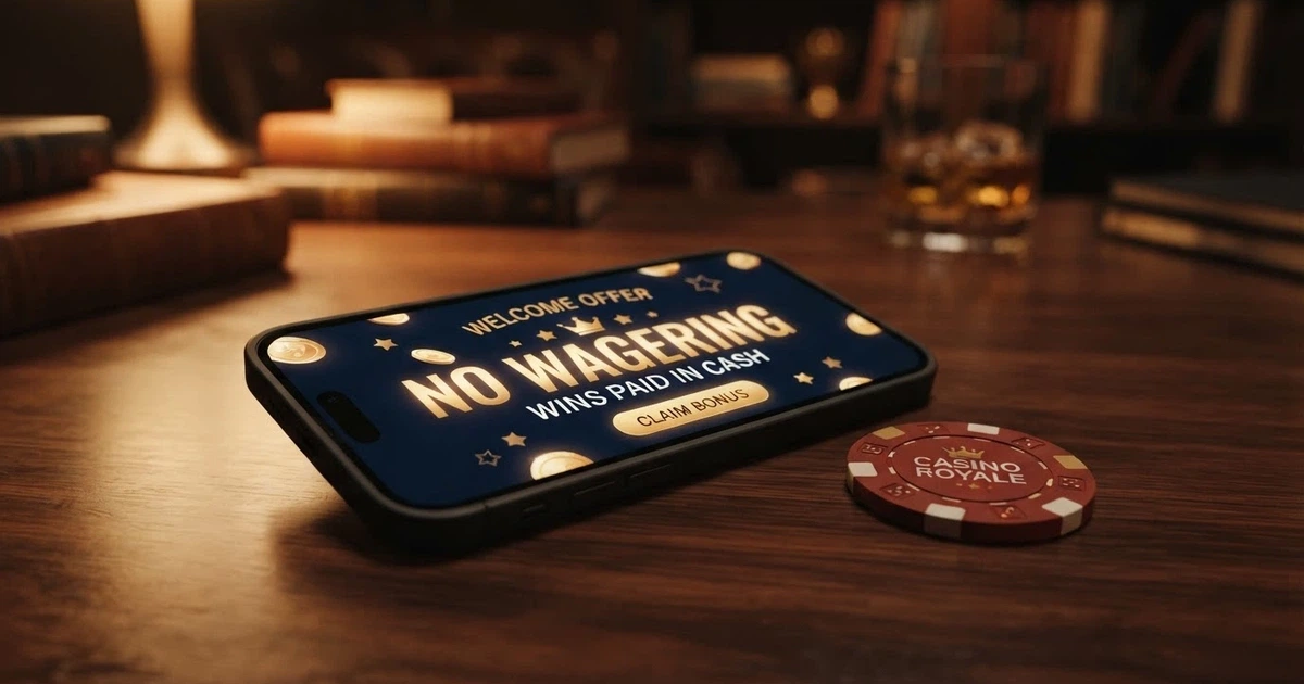 A casino bonus offer displayed on a smartphone screen with the words no wagering highlighted