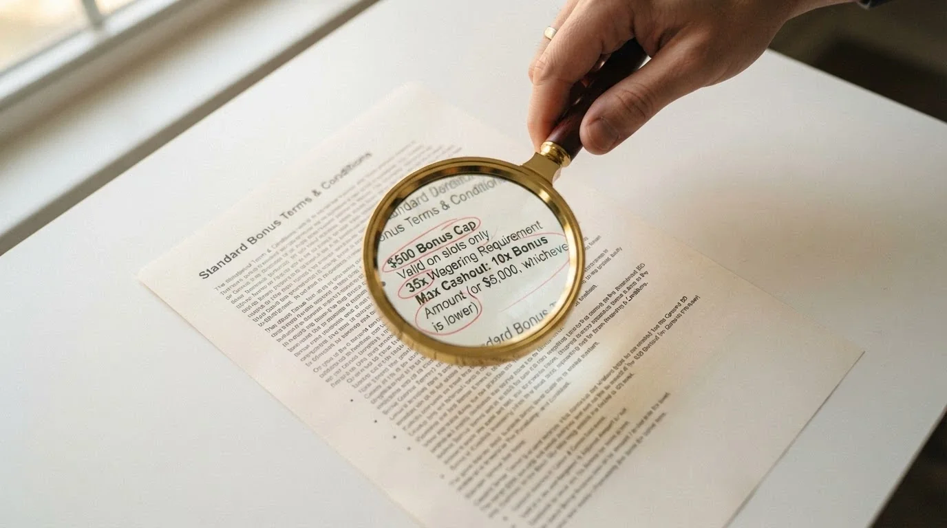 A magnifying glass over a set of bonus terms and conditions, with the cashout cap and wagering figures circled