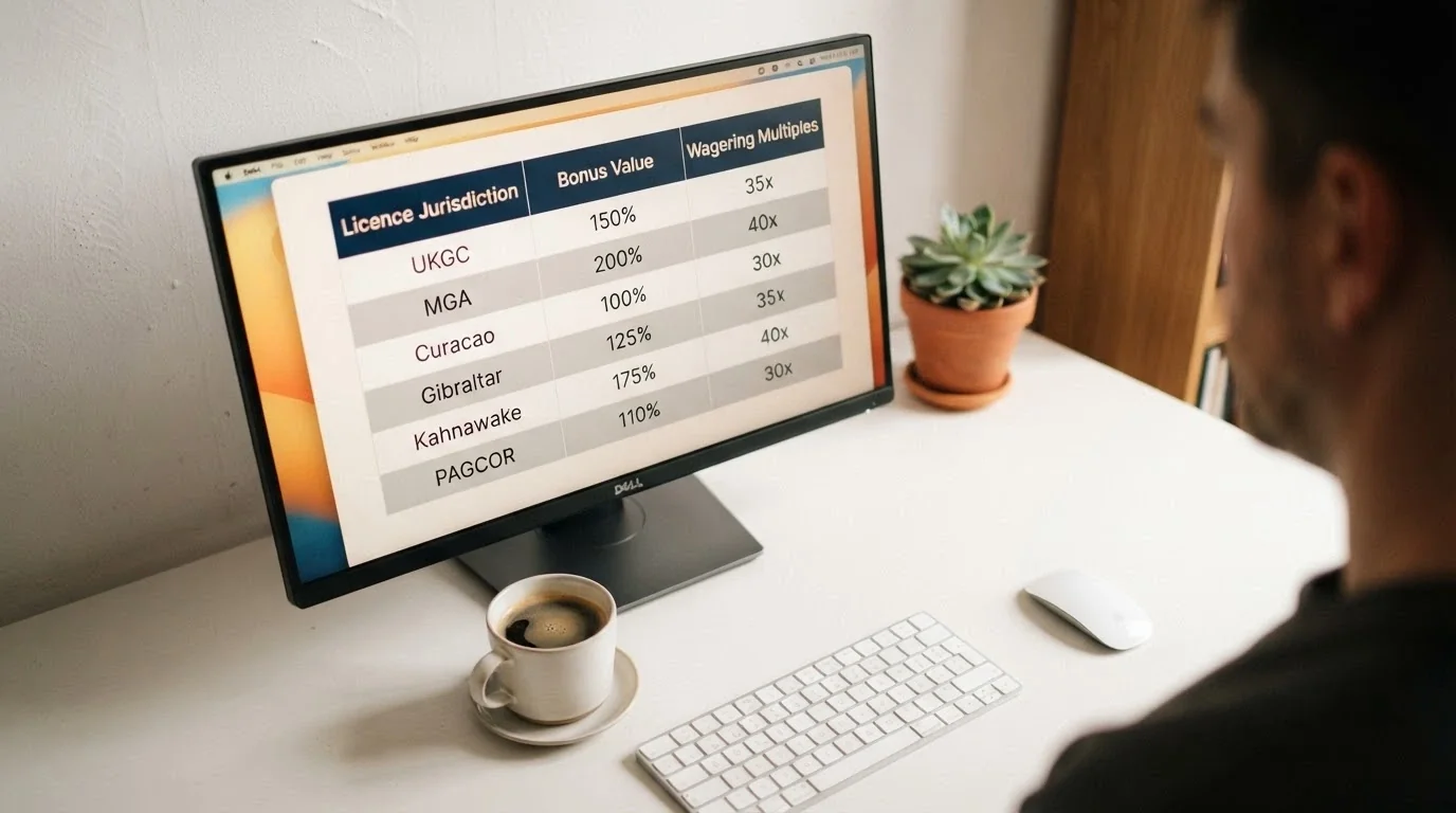 A desktop view of a comparison table listing operator names, licence jurisdictions, bonus values and wagering multiples side by side
