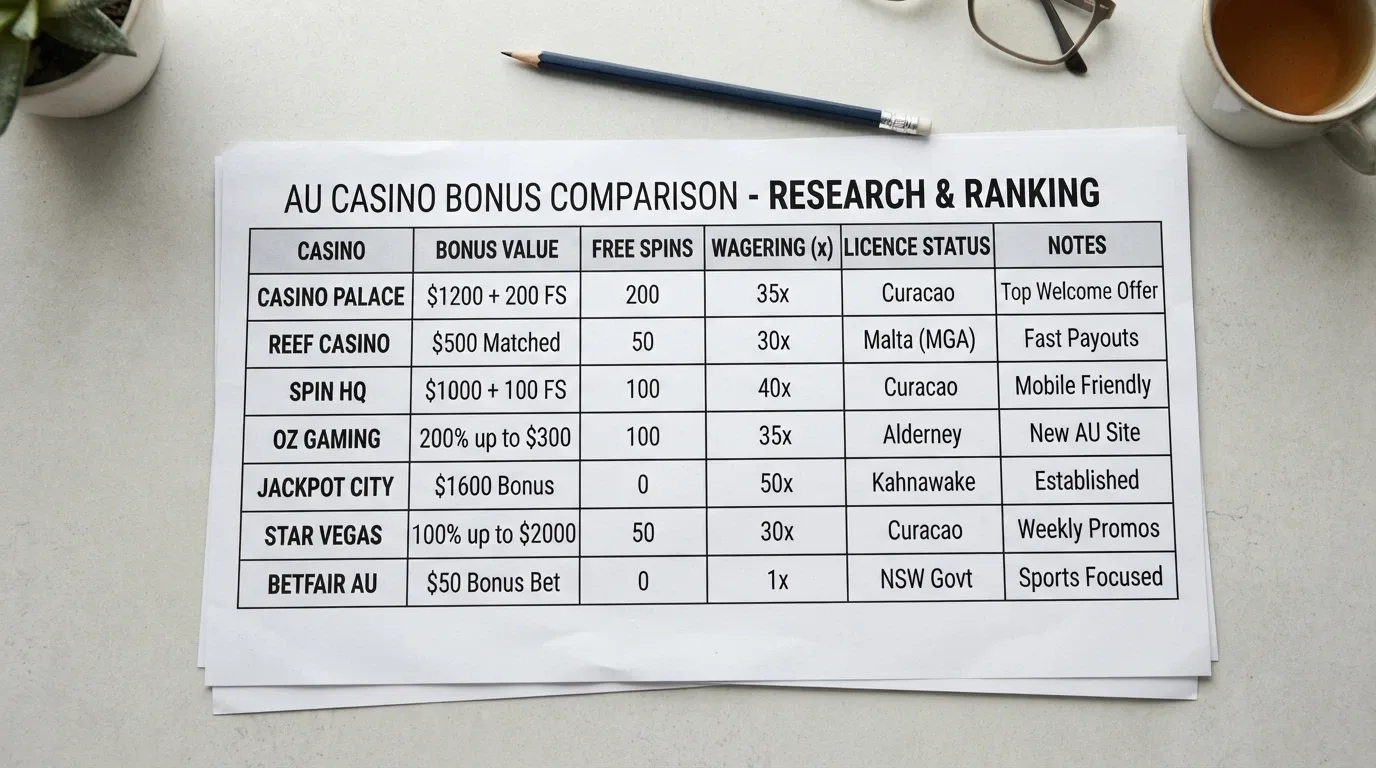A side-by-side comparison layout showing casino bonus offers arranged in a grid with terms visible beneath each one