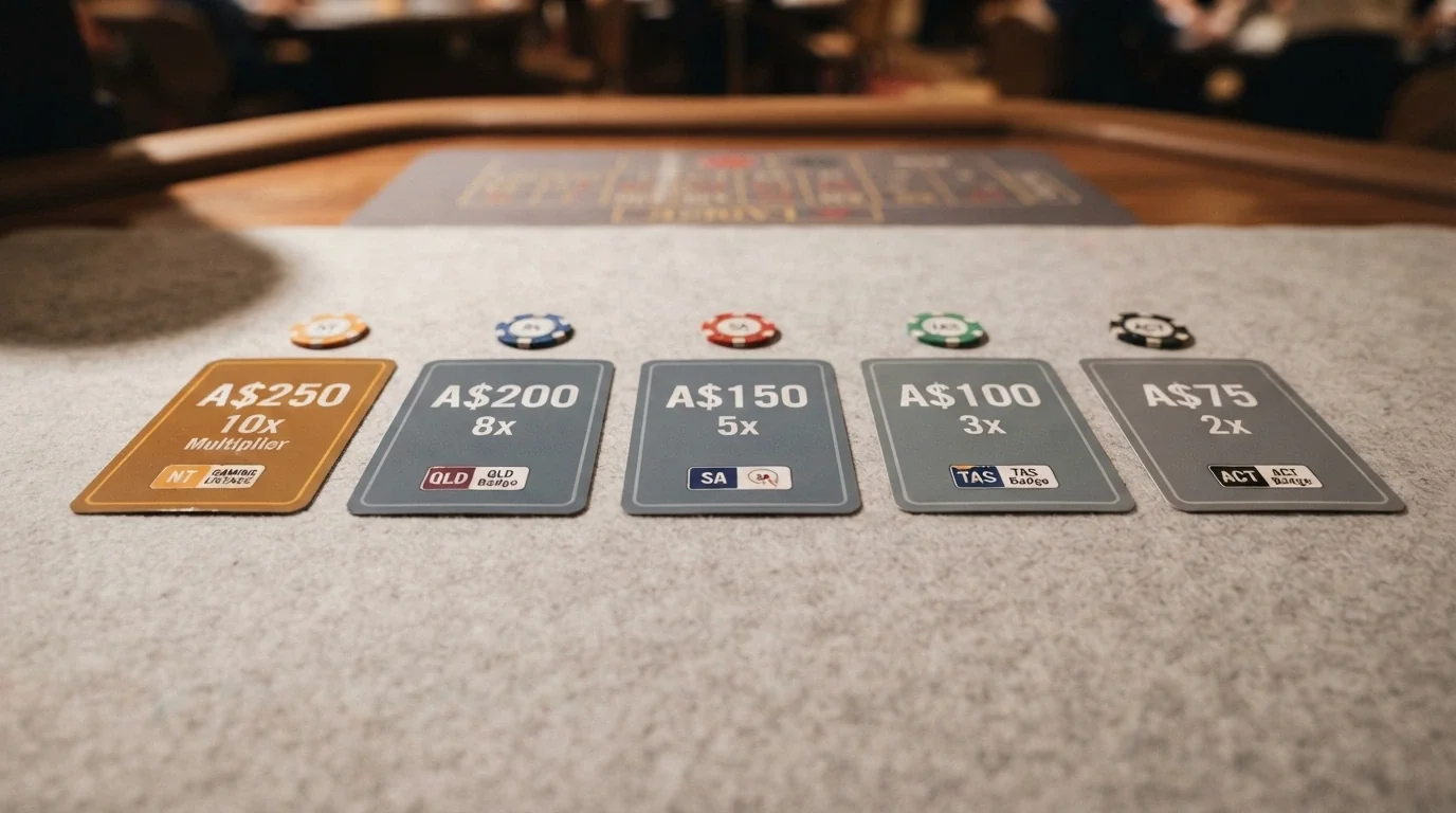 A comparison grid or card layout showing casino names beside bonus figures, wagering numbers and licence badges, with one card highlighted in a different colour