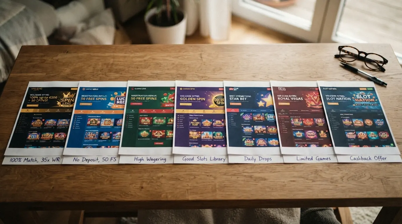A side-by-side view of several casino homepages or lobby screens arranged as a comparison, each showing a different NDB welcome offer banner