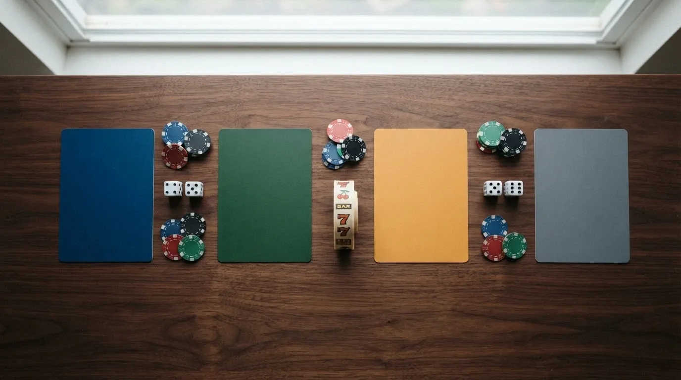 A side-by-side comparison visual of casino-branded cards laid out across a table, each showing a different bonus format — free spins, free chip, rakeback