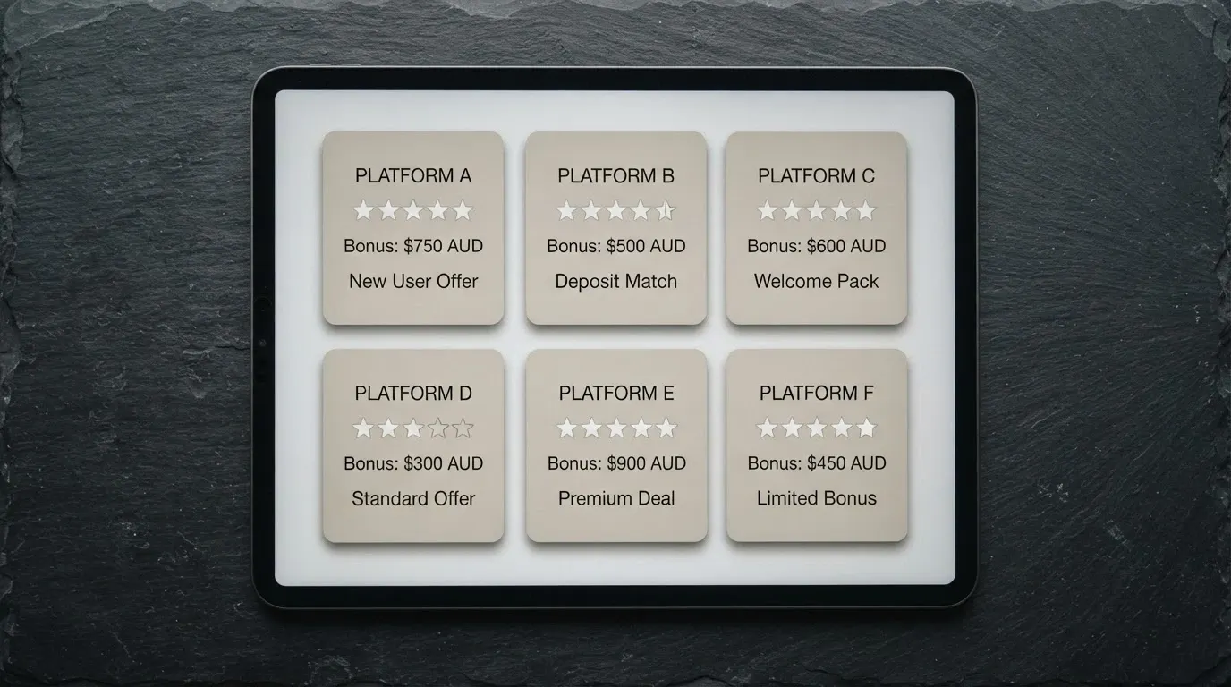 A side-by-side comparison layout showing casino brand cards with star ratings and bonus figures on an iPad screen