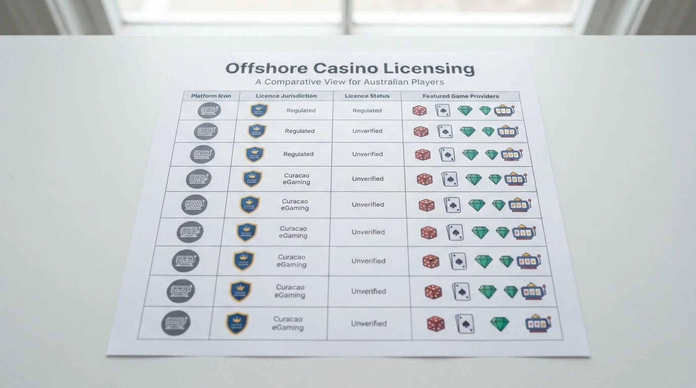 Grid of offshore casino names with Curacao licensing badges and available 7-reel provider icons beneath each one