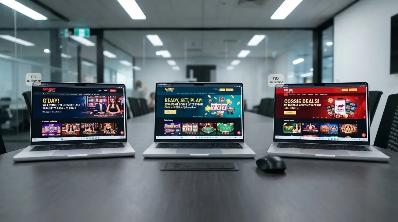A split-screen comparison view showing three casino homepages side by side, each with its welcome-bonus banner visible, a small “no .au licence” tag overlaying each