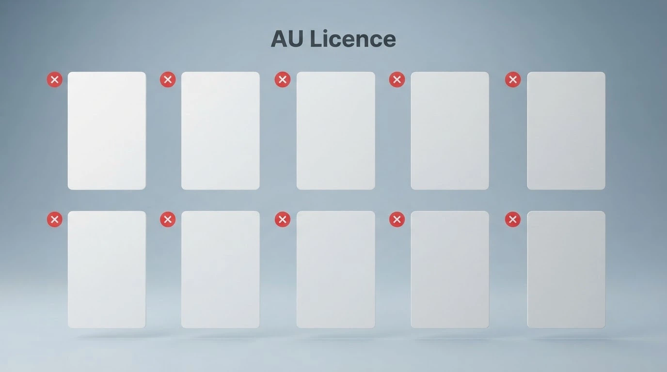 A side-by-side grid of casino brand placeholders with a red cross marked beside each one under an AU Licence column