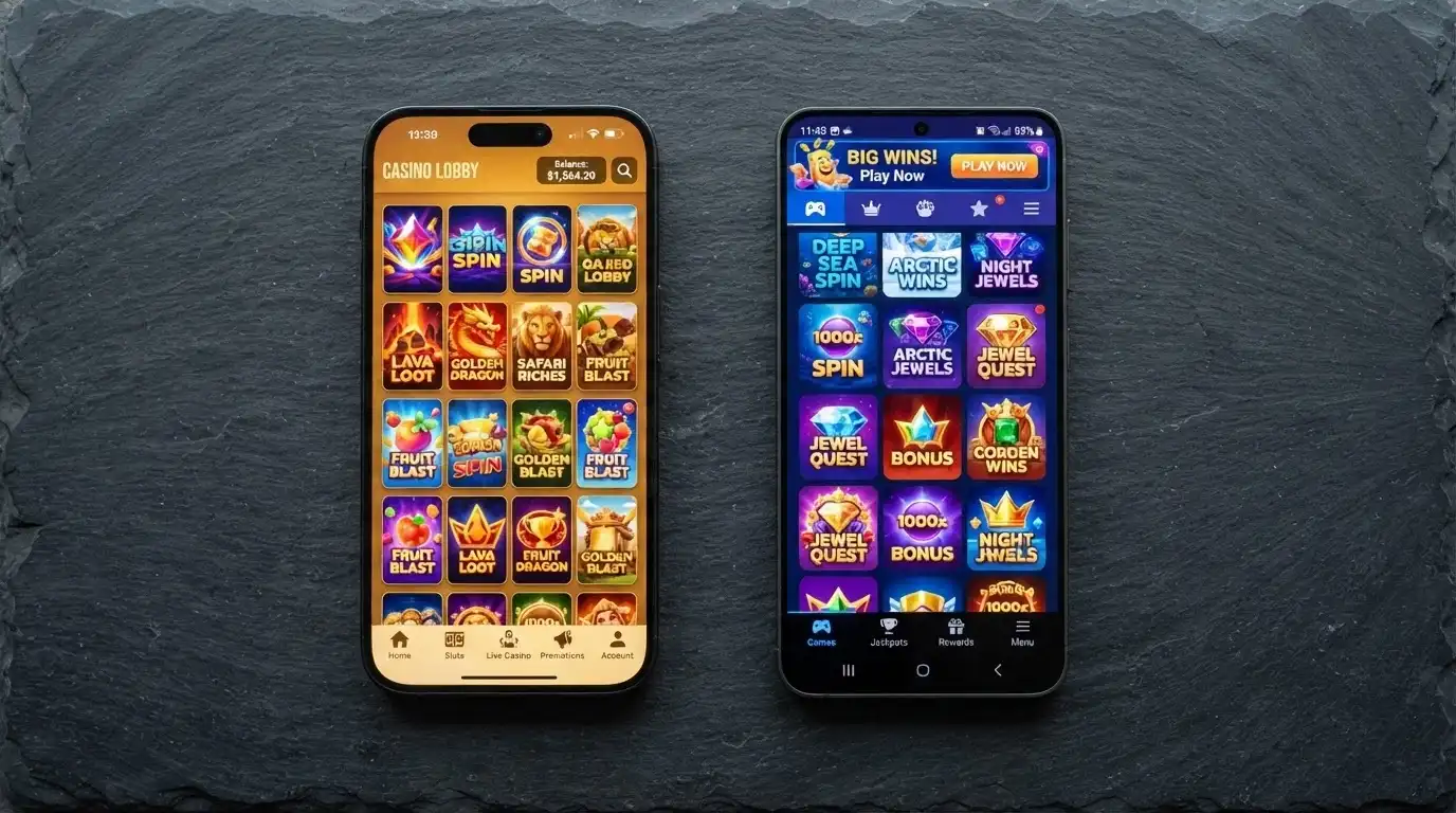 Two smartphone screens side by side showing different online casino lobbies with pokie thumbnails
