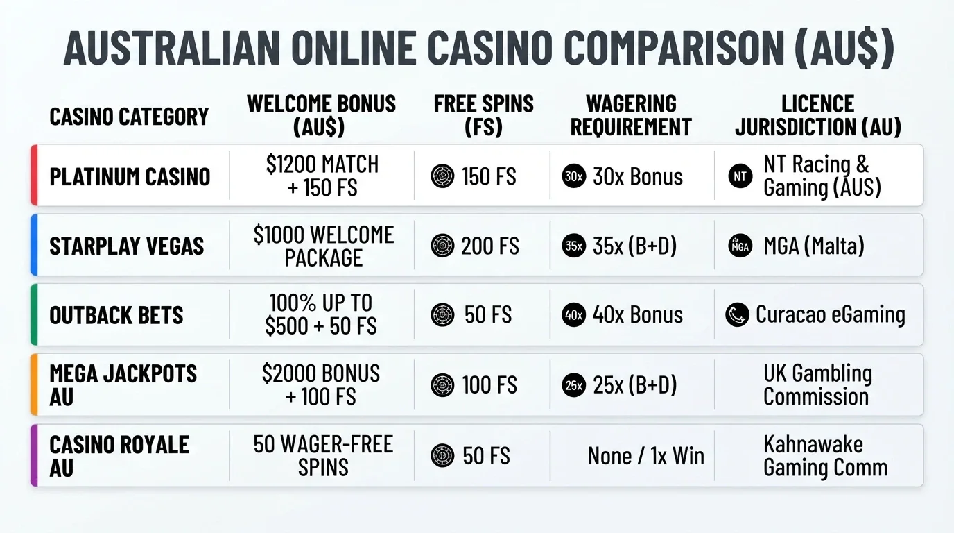 A comparison chart with operator names, bonus amounts and wagering multiples side by side
