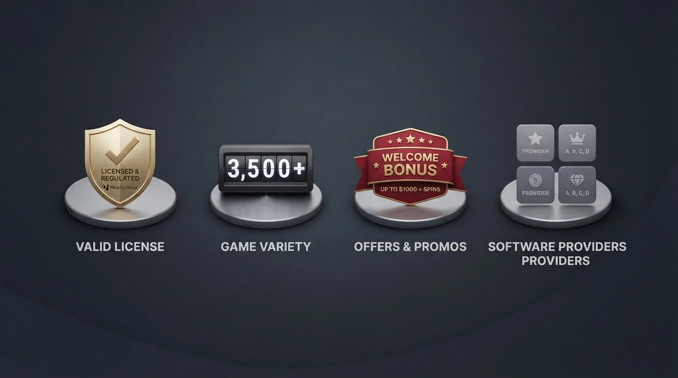 A visual summary of casino comparison factors — a licence badge, a game-count figure, a bonus-offer banner and provider logos arranged as a checklist