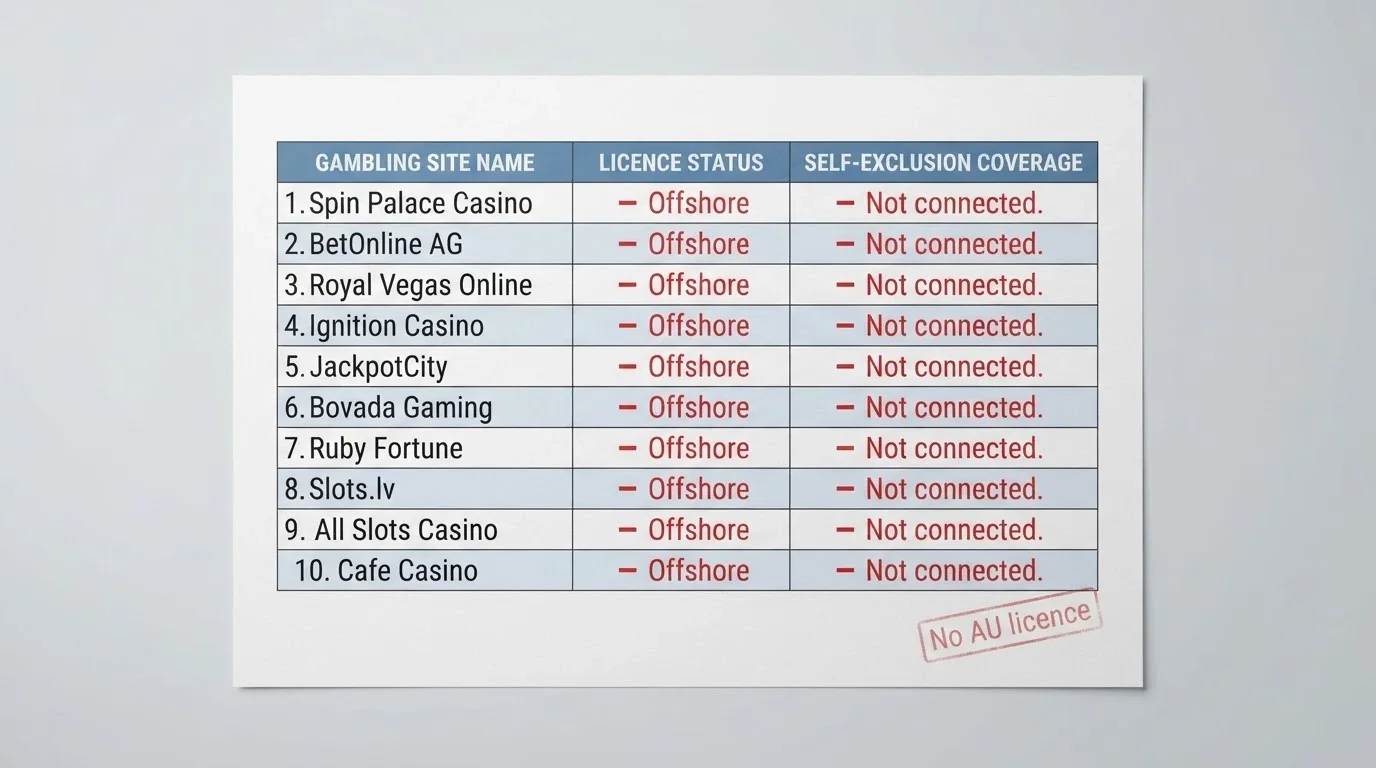 A table or grid comparing operator names against licence status, BetStop connection and reload bonus type, with all entries marked offshore