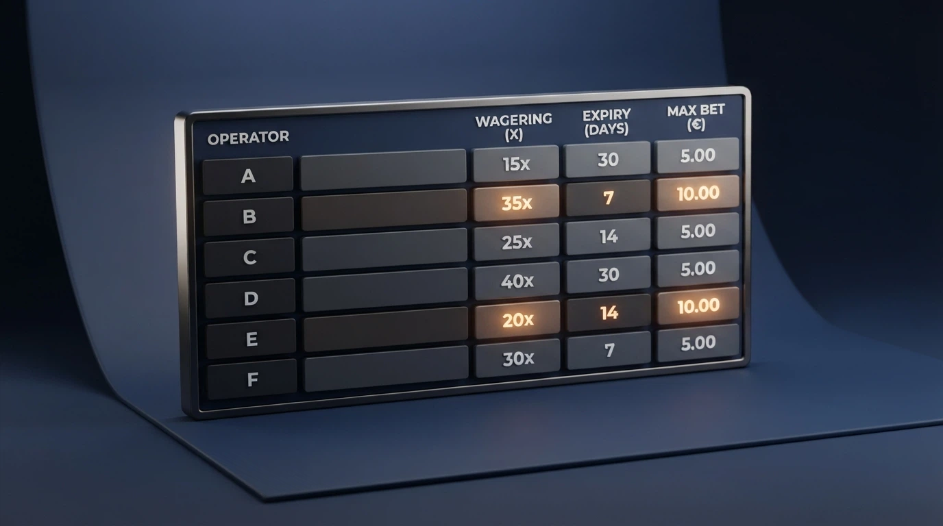 A comparison chart or grid with operator names down the left and wagering, expiry and max-bet columns across, several cells highlighted.