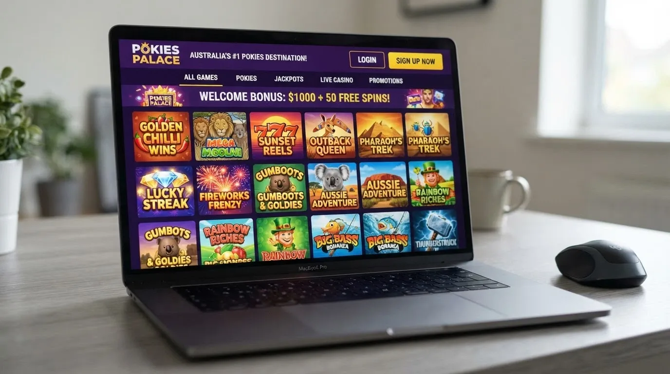 A grid of pokies game thumbnails on an offshore casino homepage, with a sign-up button visible and no Australian licence seal anywhere on the page