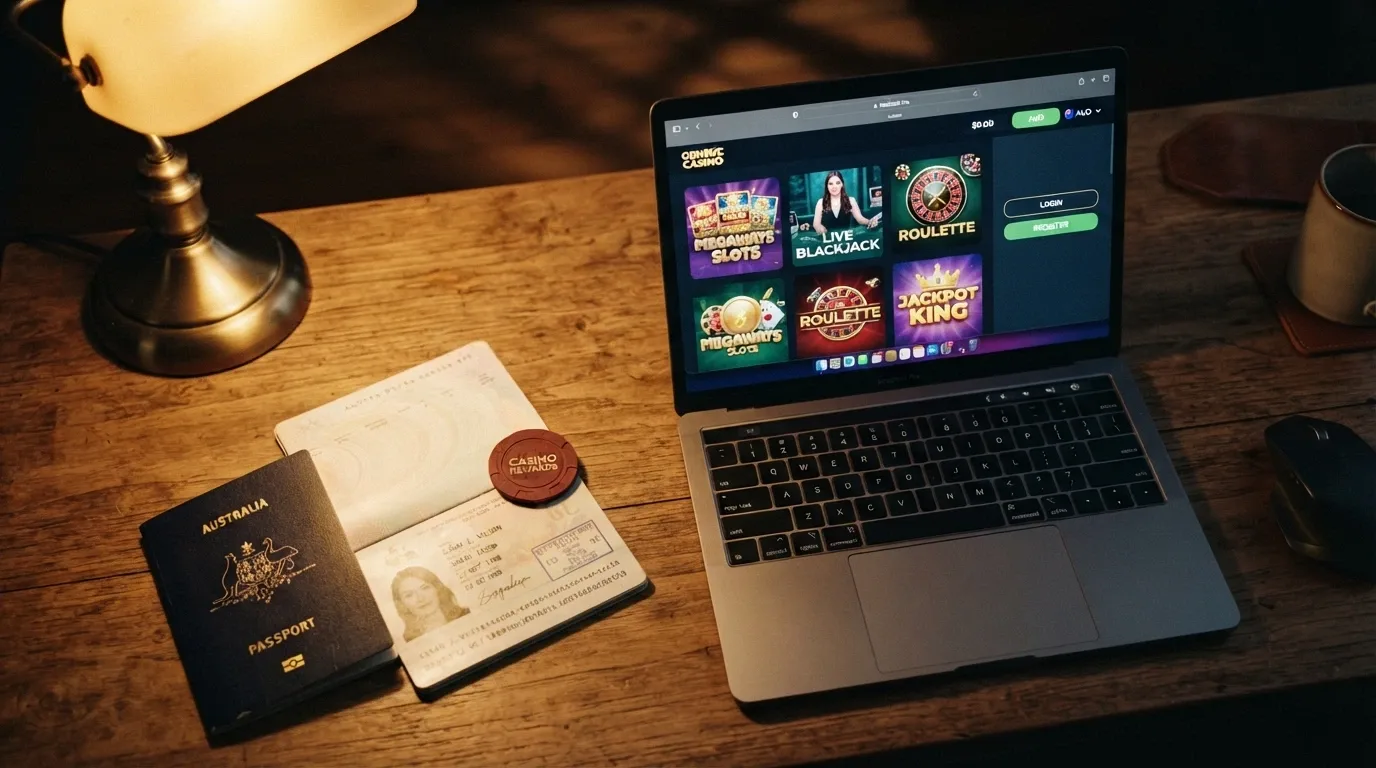 A Curaçao gaming licence certificate laid on a wooden desk beside an Australian passport, soft natural light