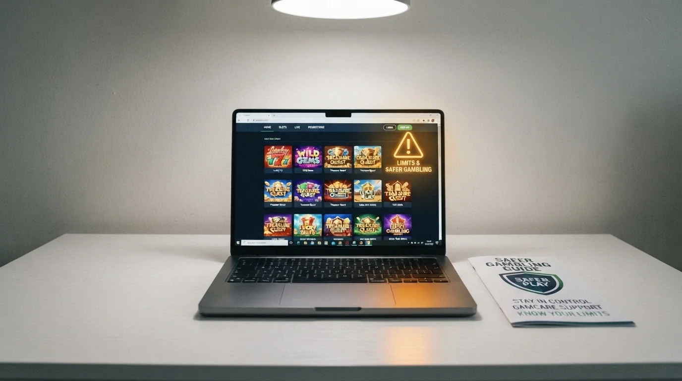 A laptop showing a casino lobby with a warning icon overlay; beside it, an Australian consumer-protection brochure.