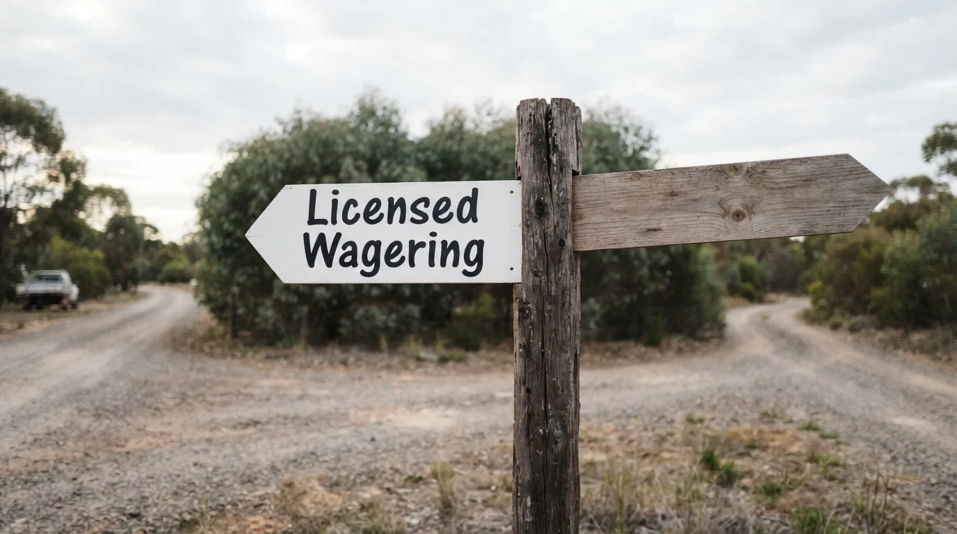 A signpost at a crossroads with one arm reading “Licensed Australian Wagering” and the other unmarked