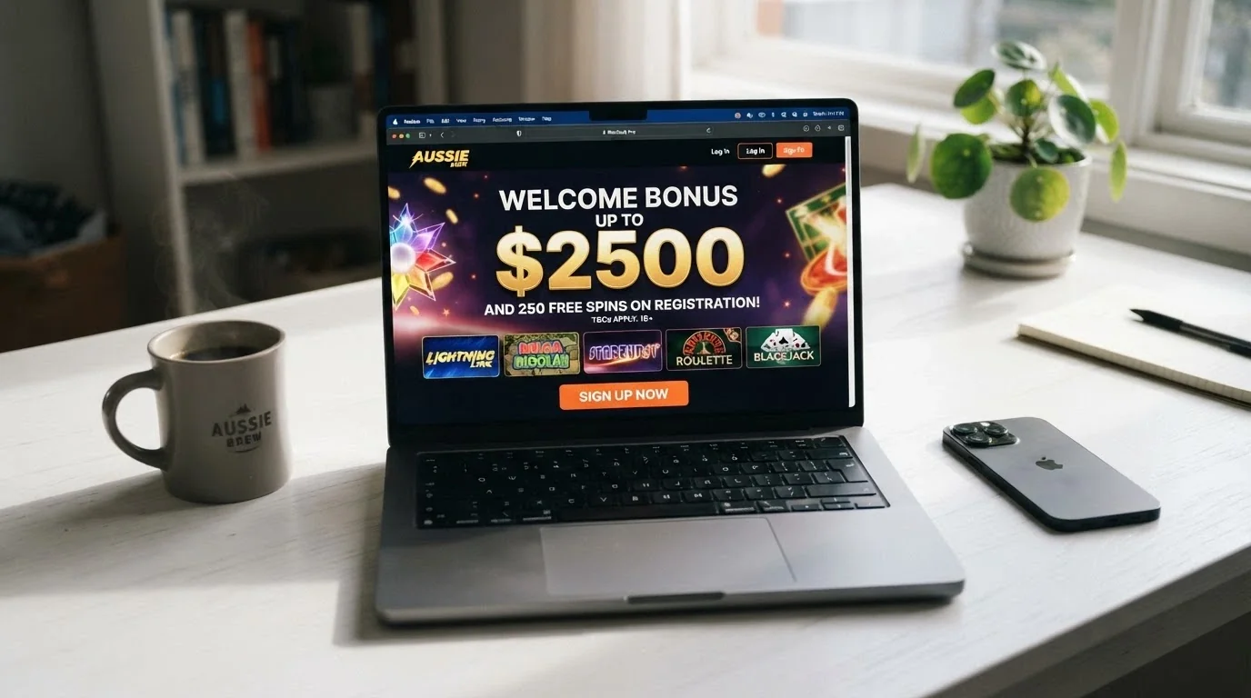 A casino homepage showing a welcome-bonus banner with a four-figure dollar amount targeted at Australian players