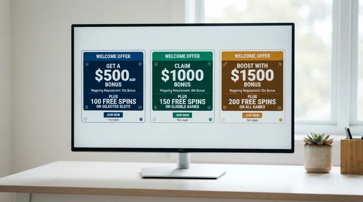 A side-by-side comparison view of casino welcome-offer banners showing different bonus amounts, wagering multiples and free-spin counts
