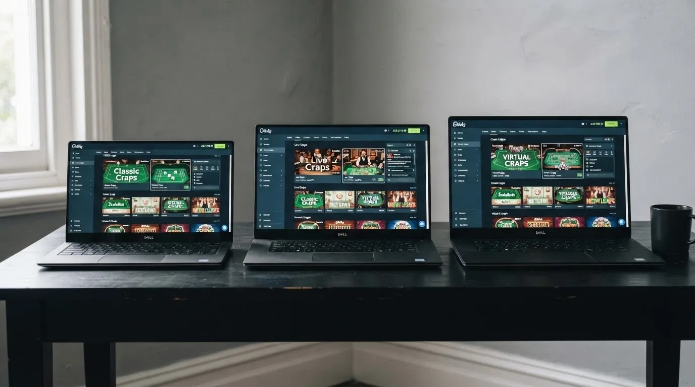 A split-screen view showing three different online casino lobbies with their craps table thumbnails visible and AUD currency symbols in the account balances
