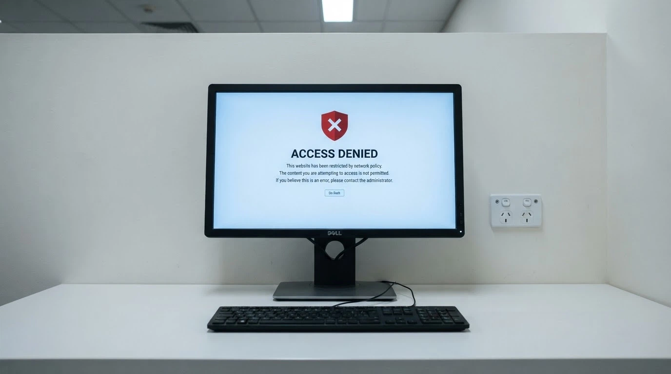 A desktop screen displaying the ACMA website with a blocked-site notice, beside an Australian power point against a plain wall