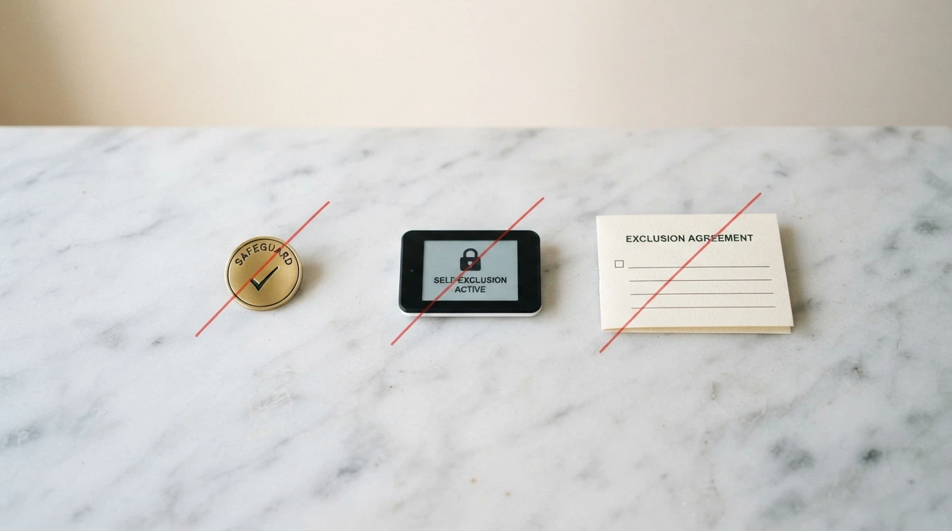 Three icons crossed out: a consumer-protection shield, a BetStop self-exclusion screen and an ACMA complaints form