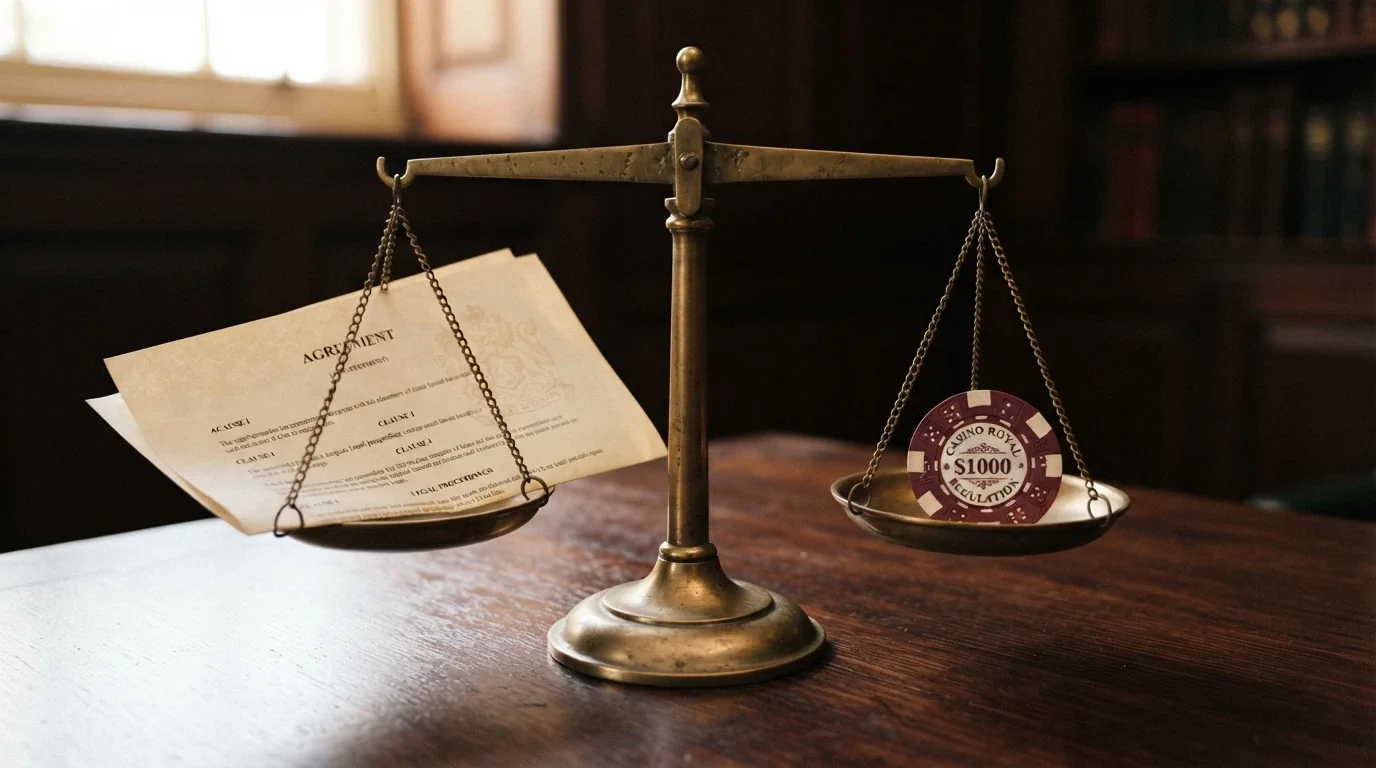 A set of balanced scales with an Australian legal document on one side and a casino chip on the other, with the Australian coat of arms visible in the background