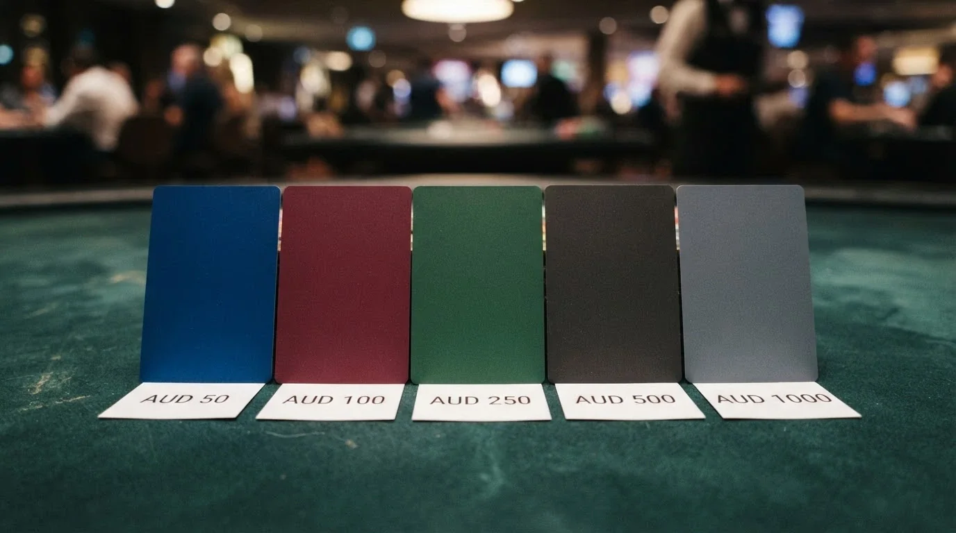 A row of generic casino-branded cards laid out in a comparison grid, each showing a different bonus figure in Australian dollars