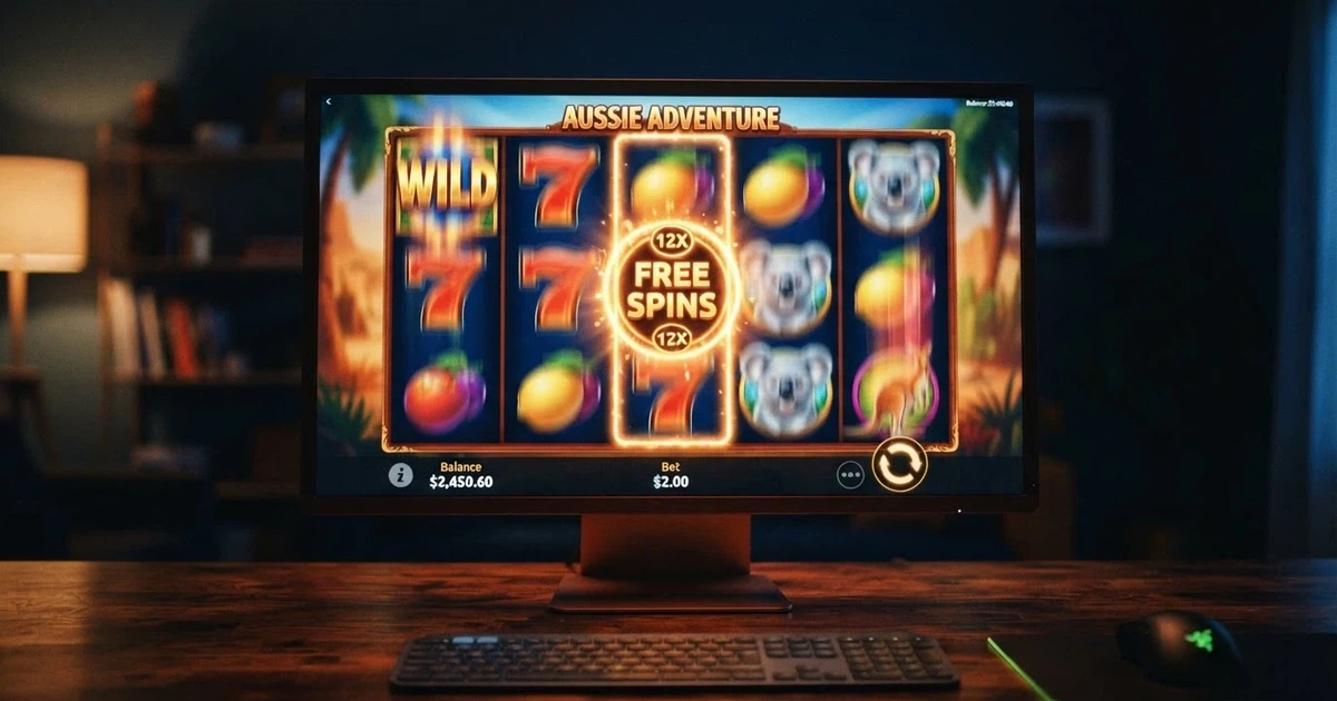 A row of colourful online pokie reels mid-spin on a desktop screen, with a glowing “Free Spins” badge lit on one reel