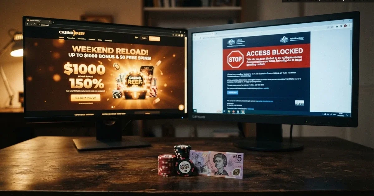 A split-screen showing a casino promotion banner on one side and an ACMA site-blocked warning page on the other, with Australian dollars in the foreground