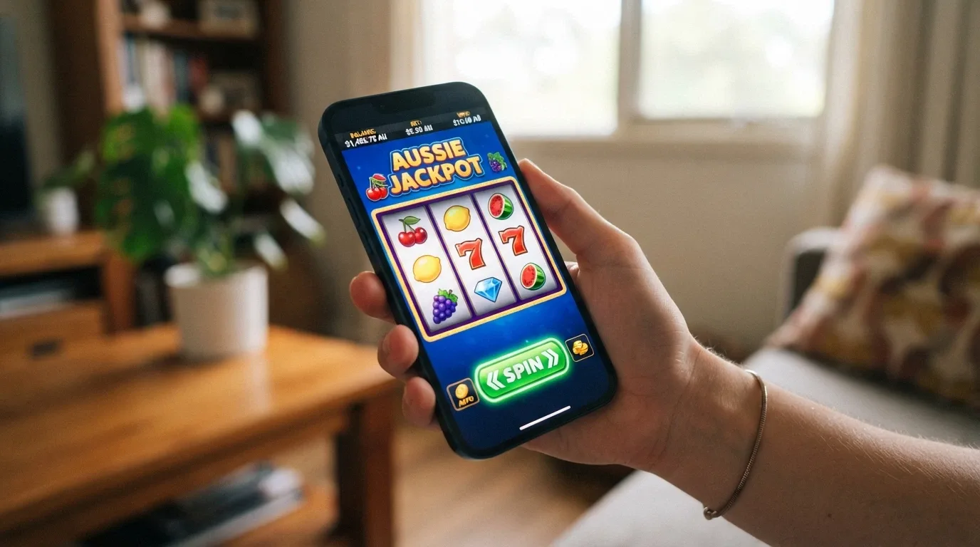A smartphone screen displaying a colourful online pokie game with the spin button and a small balance visible