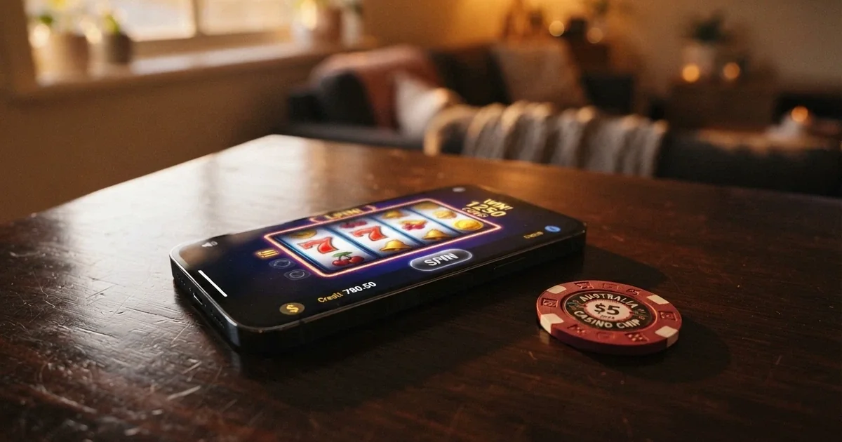 A split-screen showing a pokies reel on one side and a no-deposit bonus notification on the other, with Australian dollar symbols visible