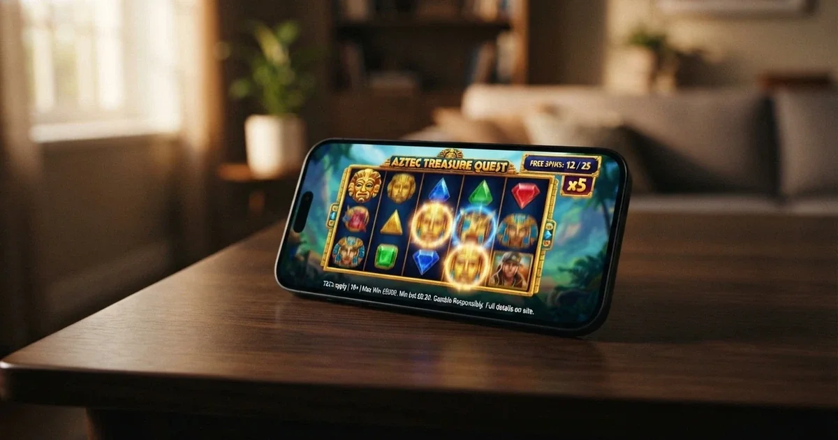 A smartphone screen displaying an online pokies game with free-spins feature active and glowing reels, with bonus terms text visible in the frame