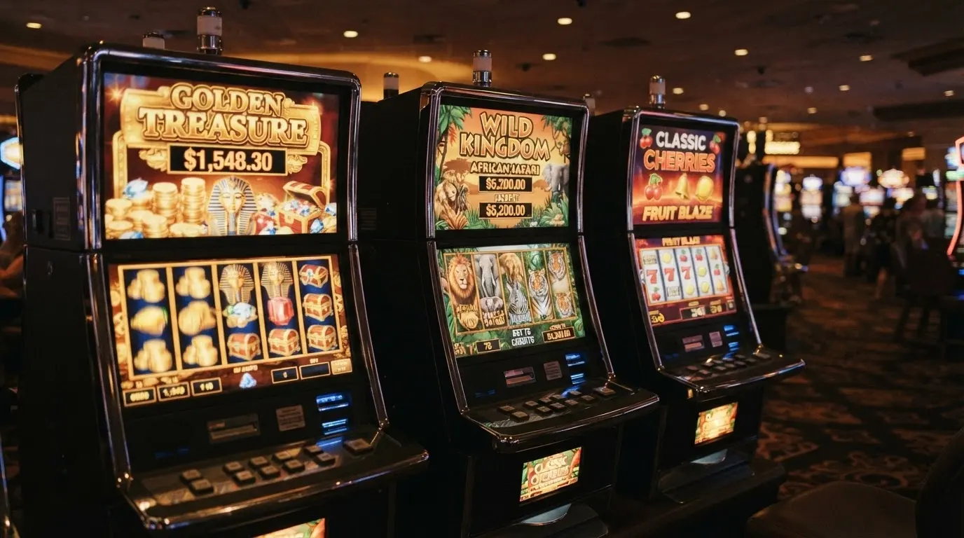 A row of pokie machine screens showing different themes side by side with spinning reels