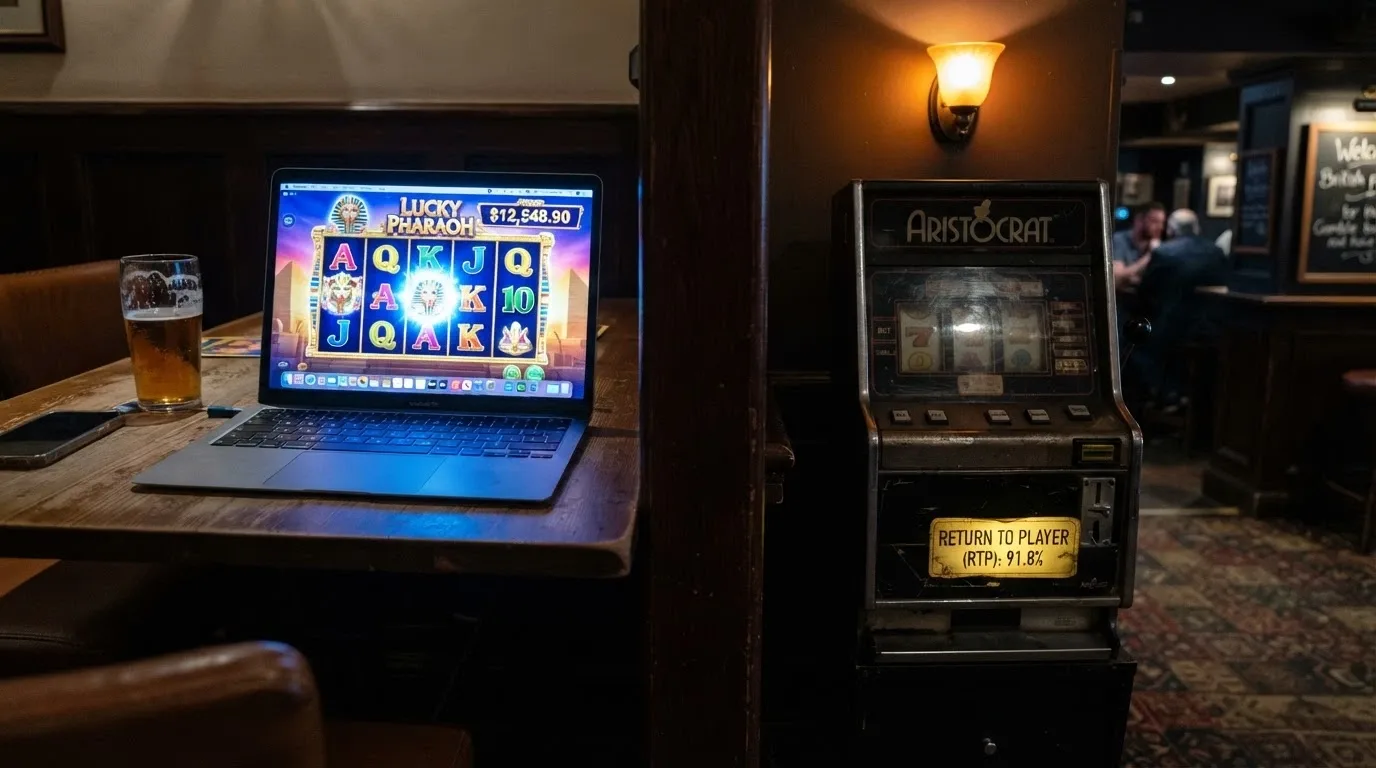 Side-by-side comparison of an online pokie on a laptop screen and a pub pokie machine with a lower RTP sticker