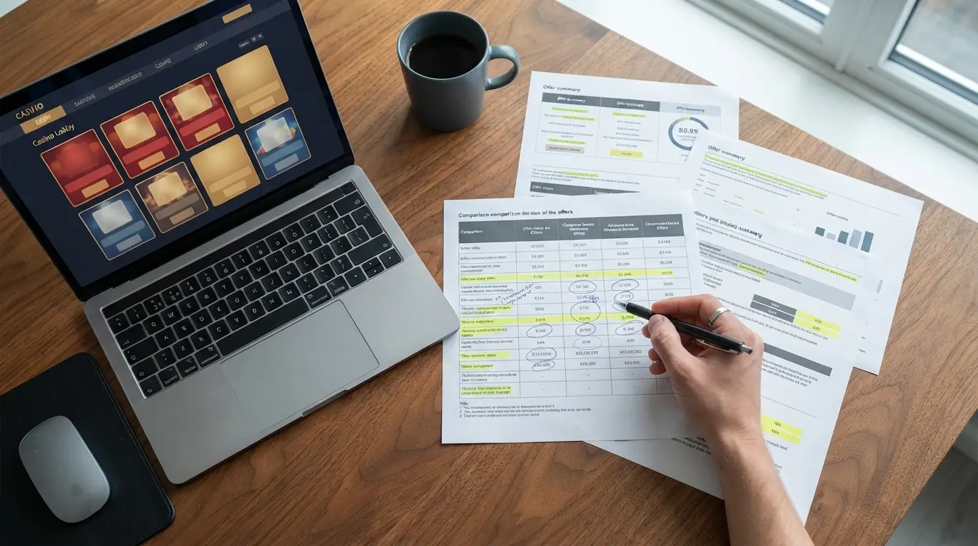 A side-by-side grid of casino welcome-offer summary cards with key figures — bonus amount, wagering multiple and free-spin count — highlighted in each
