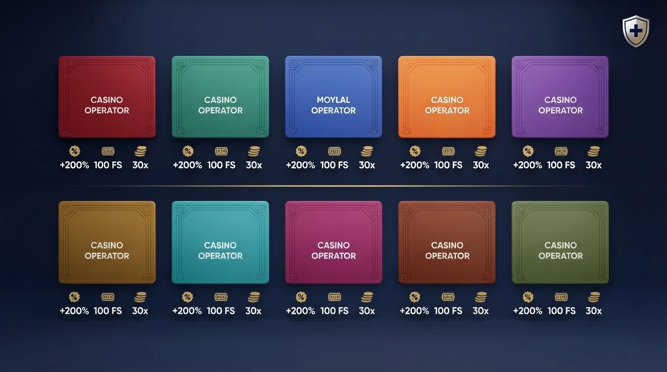 A grid layout of ten casino brand cards arranged in a ranked comparison format with key stats beneath each logo
