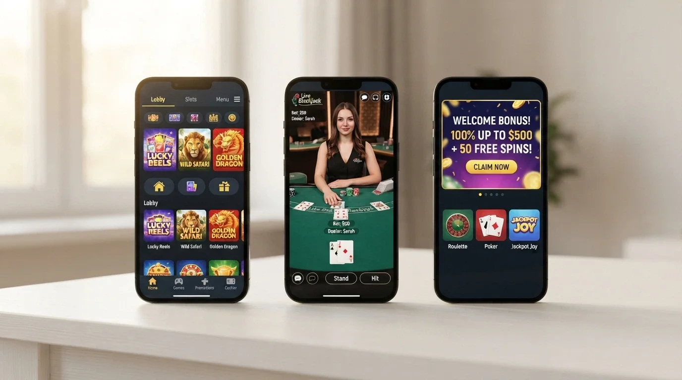 A side-by-side grid of mobile casino lobby screens on different phones, each showing a different operator's homepage