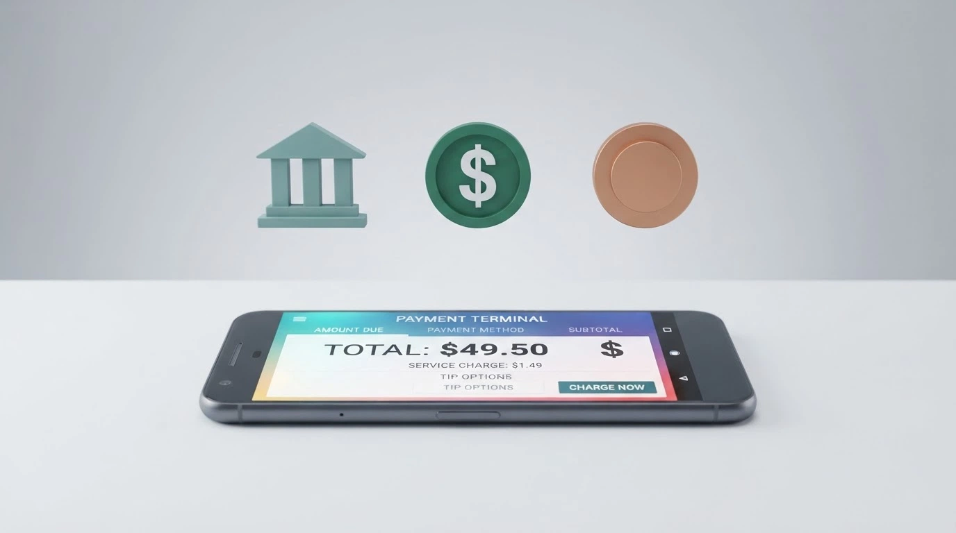 Three payment icons — PayID, a bank building and a Bitcoin symbol — arranged above an Android phone showing a cashier screen