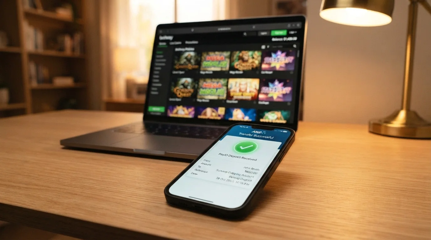 A smartphone showing a banking app with a PayID transfer confirmation on screen, next to a pokies lobby in the background