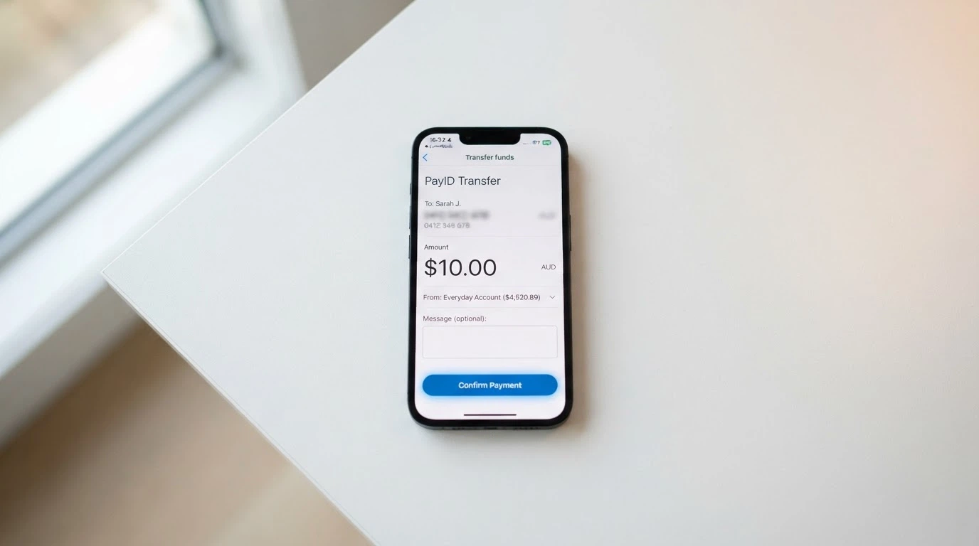 A smartphone screen showing a PayID transfer of $10.00 from an Australian banking app, with the recipient field blurred