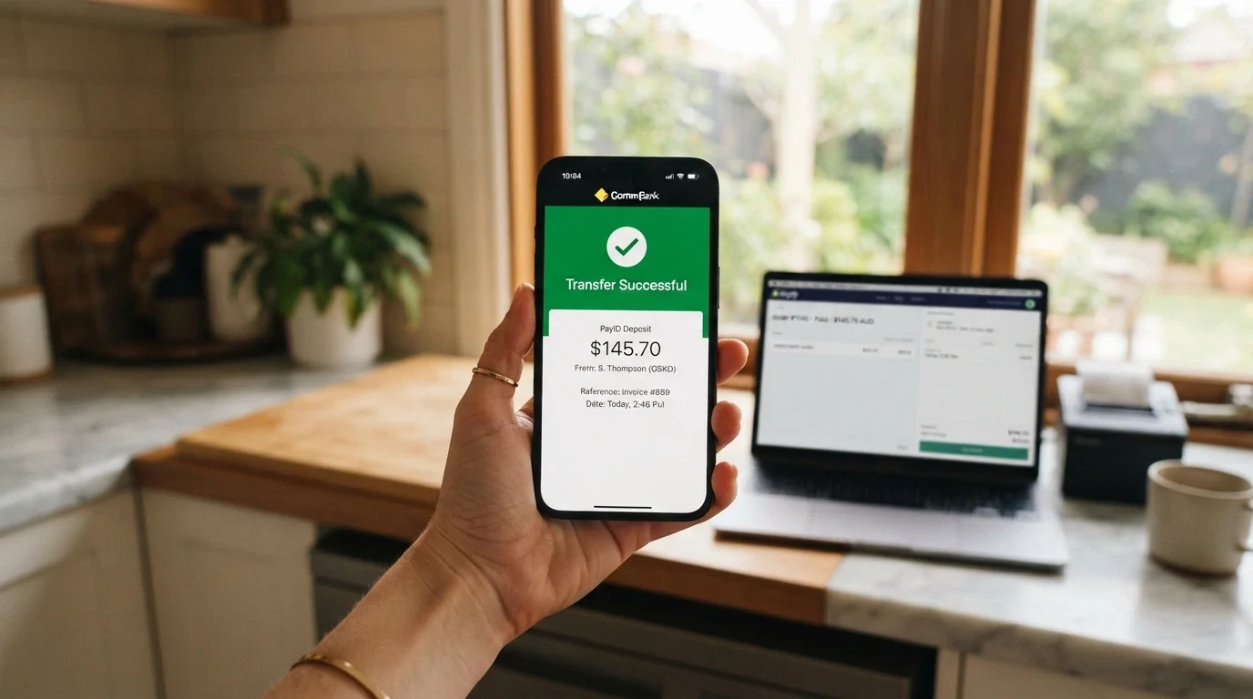 A smartphone banking app screen showing a PayID transfer confirmation beside a casino cashier screen reflecting the credited deposit
