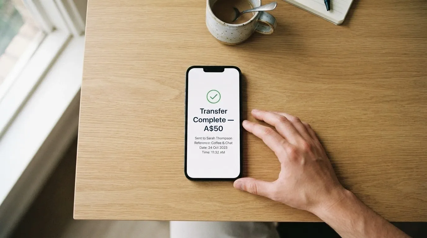 A smartphone showing a PayID bank transfer confirmation for a casino withdrawal