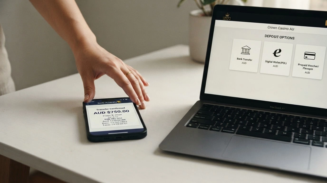 A smartphone showing a banking app with PayID transfer confirmation beside a laptop displaying a casino cashier with AUD, Bitcoin and Neosurf deposit options