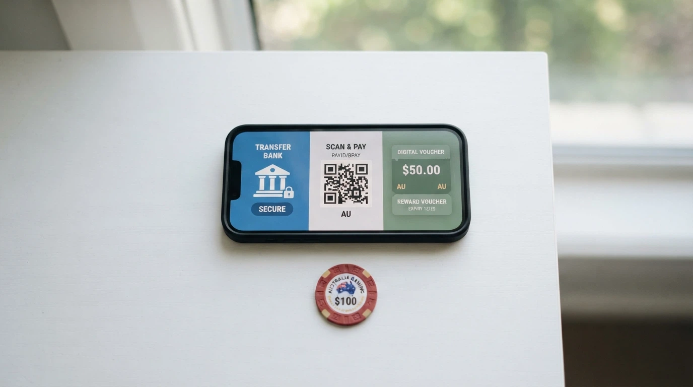 A smartphone screen split three ways showing PayID, a crypto wallet QR code and a Neosurf voucher, with a single dollar coin centred beneath