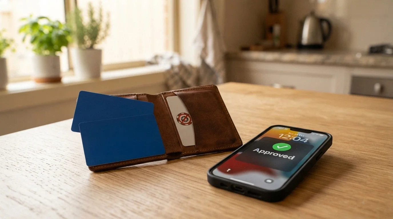 A wallet with Australian debit cards fanned out beside a smartphone showing a “Payment successful — PayID” notification and a crossed-out Bitcoin symbol