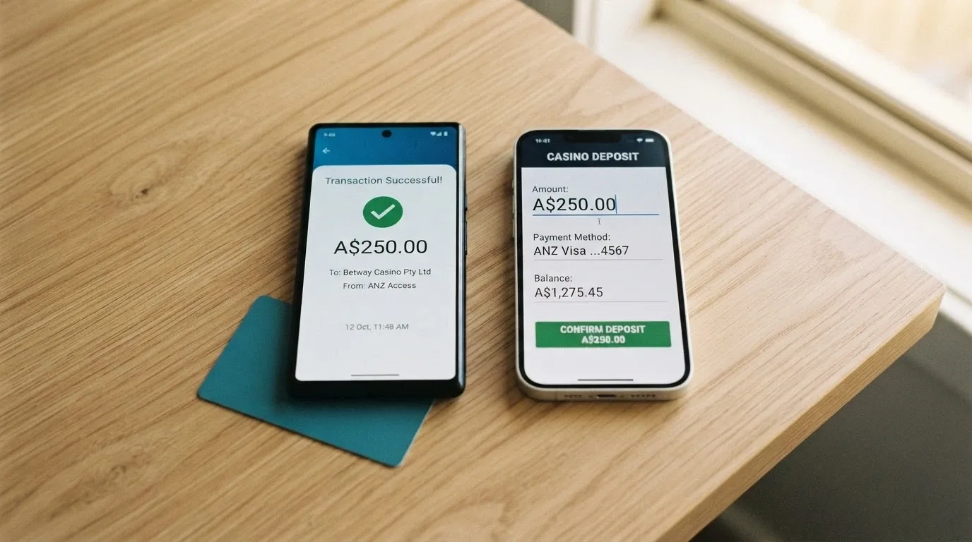 A phone showing a banking app PayID transfer confirmation screen next to a casino deposit screen