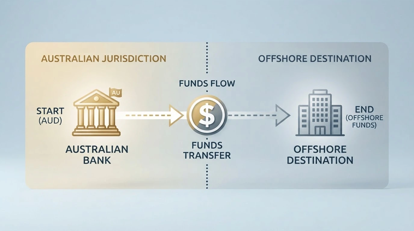 A diagram showing a PayID transaction path from an Australian bank account to an offshore casino, with the protection boundary marked where Australian jurisdiction ends