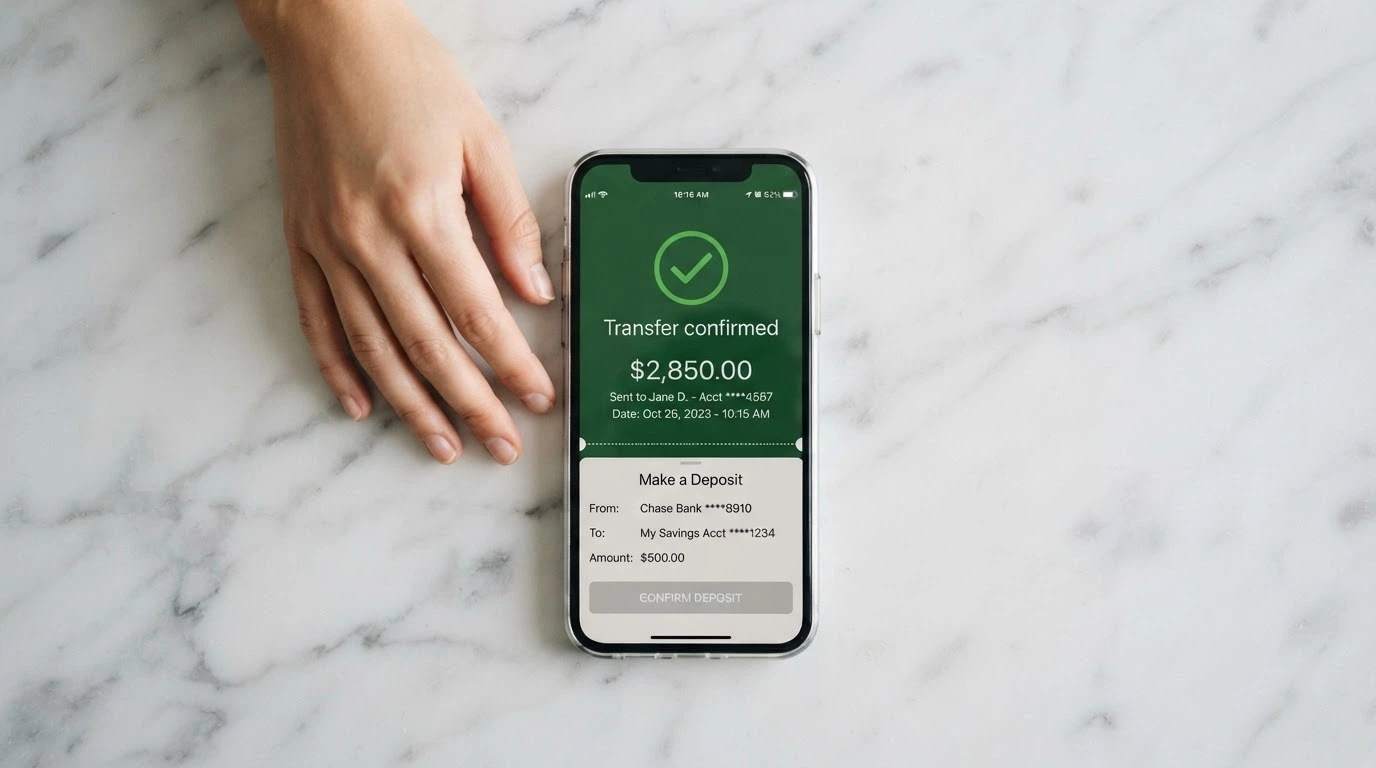 A banking app on a phone screen showing a PayID transfer confirmation beside a casino deposit page, with a dotted line separating the two screens